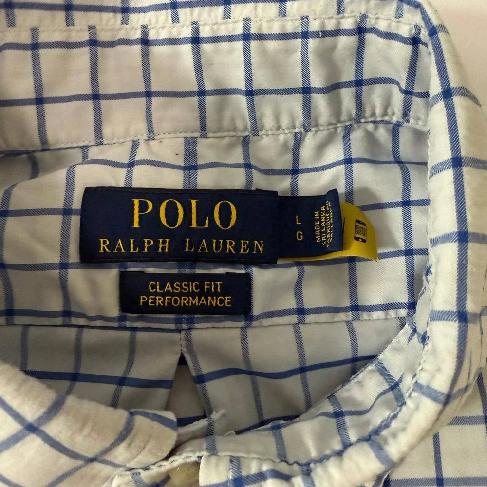 Polo Ralph Lauren Mens Large Classic Fit Performance Shirt Blue White Check